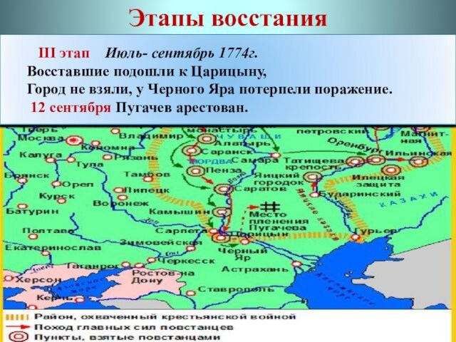 Этапы восстания  I этап  Сентябрь 1773-апрель 1774 гг.  Пугачев подошел к Оренбургу.