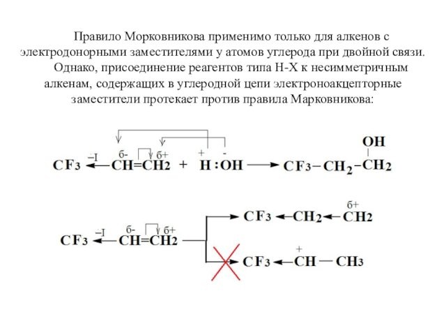 Правило Морковникова применимо только для алкенов с электродонорными заместителями у атомов углерода при двойной связи.