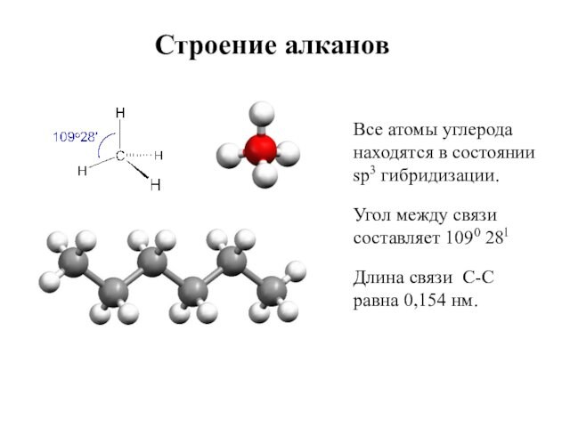 Строение алкановВсе атомы углерода находятся в состоянии sp3 гибридизации.Угол между связи составляет 1090 28l Длина