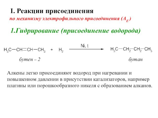 I. Реакции присоединения 1.Гидрирование (присоединение водорода)Алкены легко присоединяют водород при нагревании и повышенном давлении в