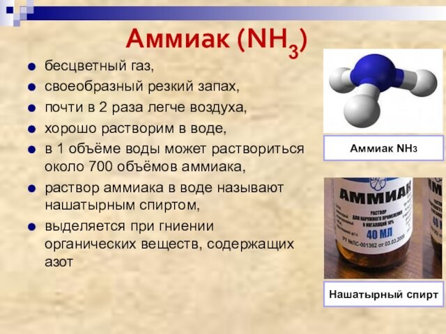 Аммиак (NН3)бесцветный газ,своеобразный резкий запах,почти в 2 раза легче воздуха,хорошо растворим в воде,в 1 объёме