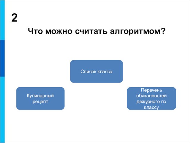 2 Что можно считать алгоритмом?Кулинарный рецептСписок классаПеречень обязанностей дежурного по классу