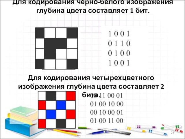 Для кодирования черно-белого изображения глубина цвета составляет 1 бит.
 Для кодирования четырехцветного изображения глубина цвета