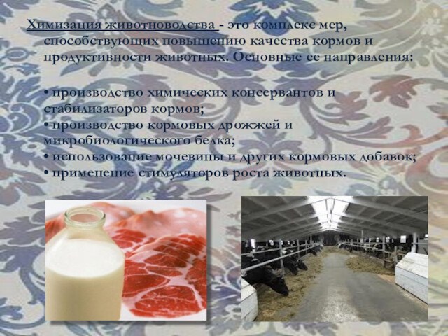 Химизация животноводства - это комплекс мер, способствующих повышению качества кормов и продуктивности животных. Основные ее