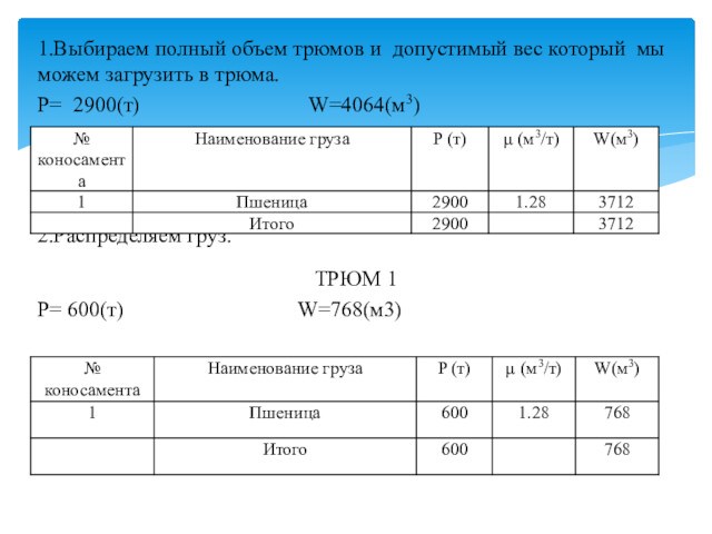 1.Выбираем полный объем трюмов и допустимый вес который мы можем загрузить в трюма.P= 2900(т)