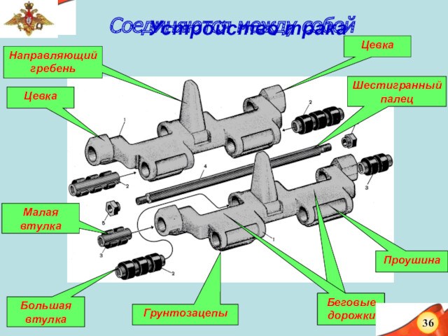 Устройство тракаНаправляющий гребеньГрунтозацепыЦевкаЦевкаПроушинаШестигранный палец Соединяются между собой