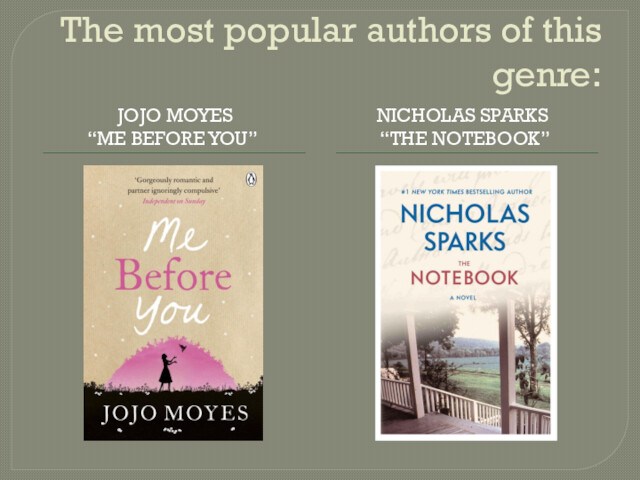 The most popular authors of this genre:    JOJO MOYES   “ME