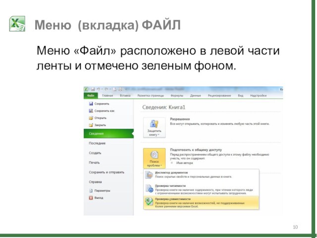 Меню (вкладка) ФАЙЛМеню «Файл» расположено в левой части ленты и отмечено зеленым фоном.