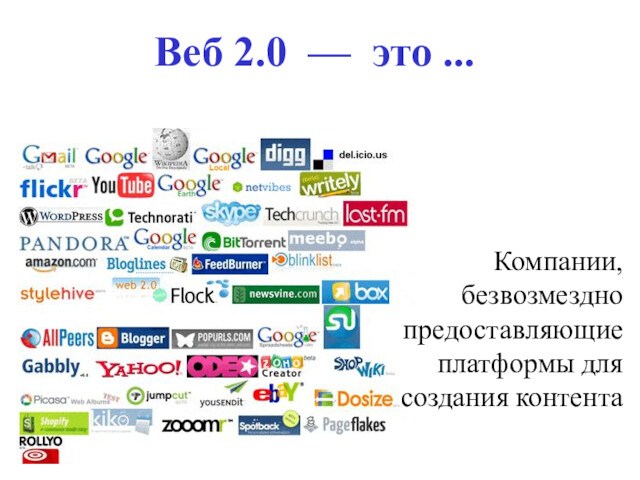 Веб 2.0  — это ...Компании, безвозмездно предоставляющие платформы для создания контента