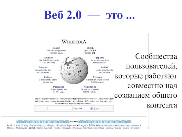 Веб 2.0  — это ...Сообщества пользователей, которые работают совместно над созданием общего контента