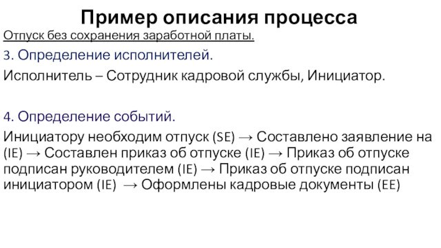 Пример описания процессаОтпуск без сохранения заработной платы.3. Определение исполнителей.Исполнитель – Сотрудник кадровой службы, Инициатор.4. Определение