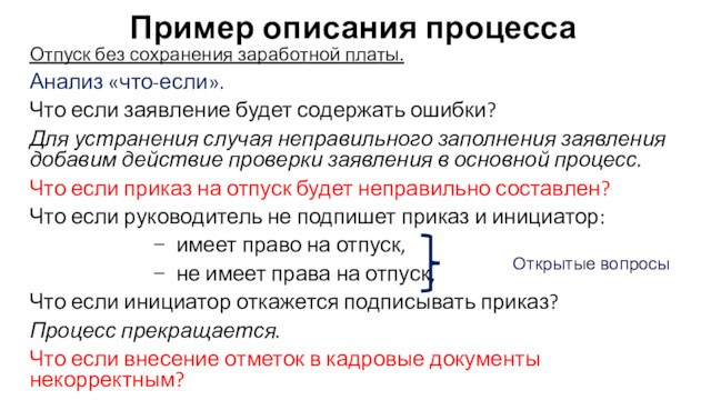 Пример описания процессаОтпуск без сохранения заработной платы.Анализ «что-если».Что если заявление будет содержать ошибки? Для устранения