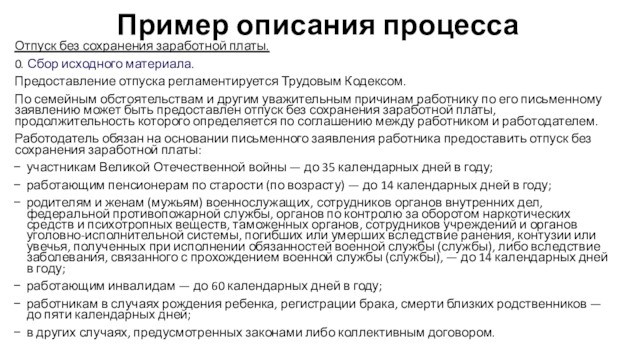 Пример описания процессаОтпуск без сохранения заработной платы.0. Сбор исходного материала.Предоставление отпуска регламентируется Трудовым Кодексом.По семейным