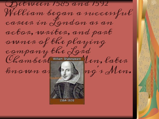 Between 1585 and 1592 William began a successful career in London as an actor, writer,