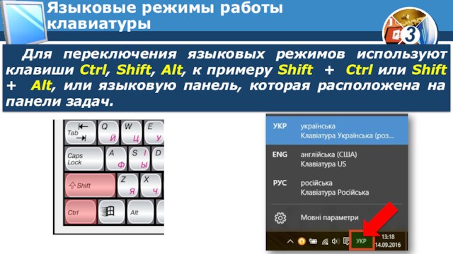 Языковые режимы работы клавиатурыДля переключения языковых режимов используют клавиши Ctrl, Shift, Alt, к примеру Shift
