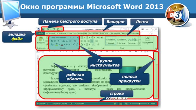 Окно программы Microsoft Word 2013вкладка файлЛентаВкладкирабочая областьстрока состоянияГруппа инструментовПанель быстрого доступаполоса прокрутки