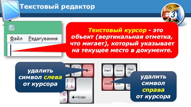 Текстовый редакторТекстовый курсор - это объект (вертикальная отметка, что мигает), который указывает на текущее место