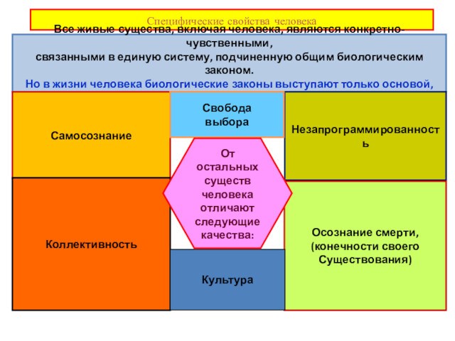 Специфические свойства человекаВсе живые существа, включая человека, являются конкретно-чувственными, связанными в единую систему, подчиненную общим