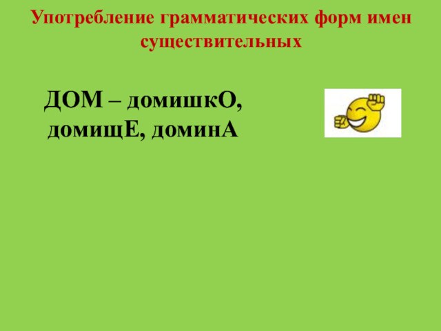 Употребление грамматических форм имен существительных	ДОМ – домишкО, домищЕ, доминА