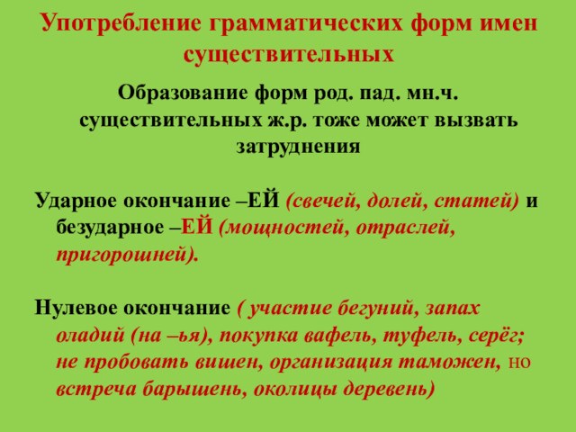 Употребление грамматических форм имен существительныхОбразование форм род. пад. мн.ч. существительных ж.р. тоже может вызвать затрудненияУдарное