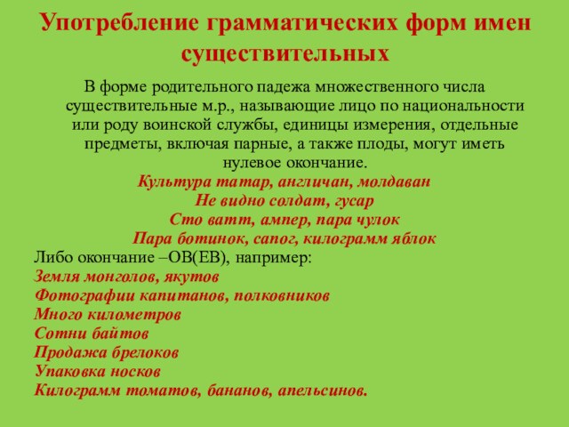 Употребление грамматических форм имен существительныхВ форме родительного падежа множественного числа существительные м.р., называющие лицо по