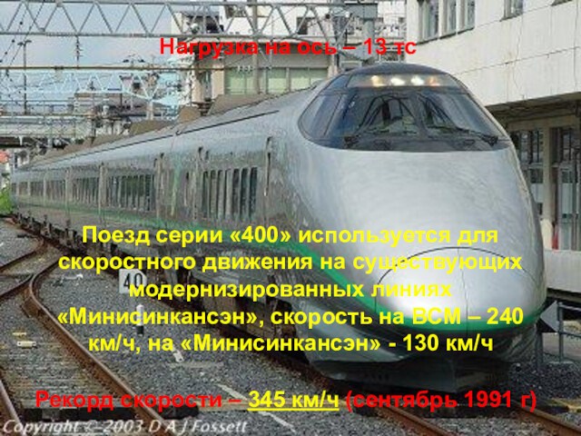 Поезд серии «400» используется для скоростного движения на существующих модернизированных линиях «Минисинкансэн», скорость на ВСМ