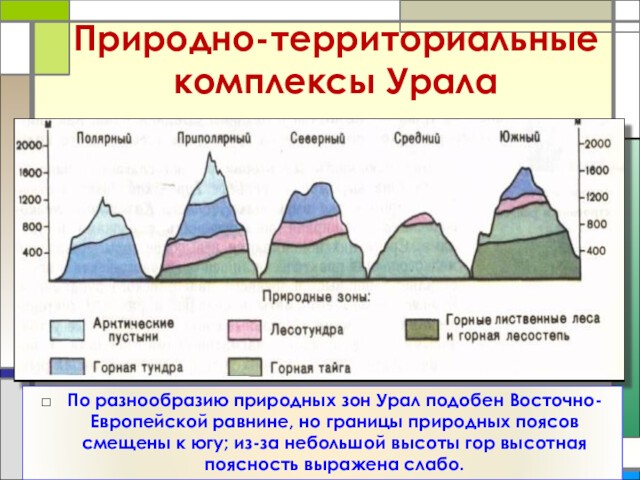 Природно-территориальные комплексы УралаПо разнообразию природных зон Урал подобен Восточно-Европейской равнине, но границы природных поясов смещены к
