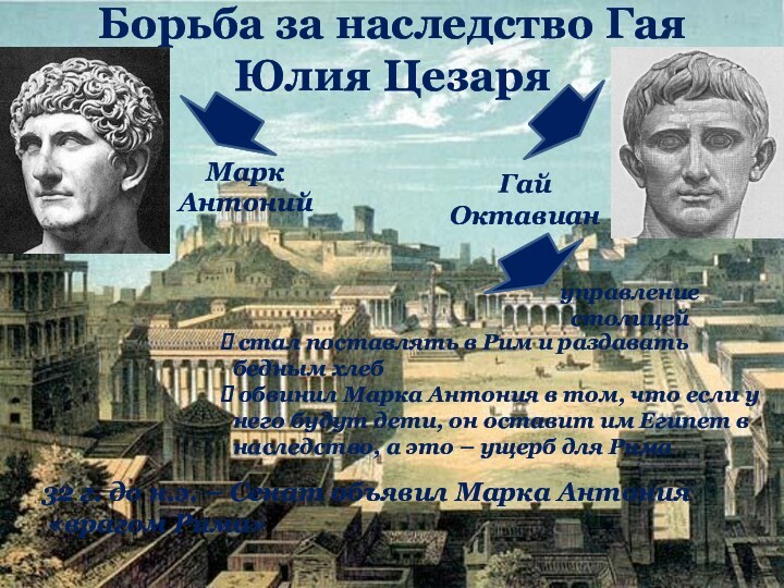 Борьба за наследство Гая Юлия ЦезаряМарк АнтонийГай Октавиануправление столицей стал поставлять в Рим и раздавать
