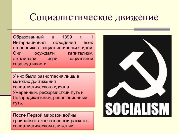 Социалистическое движениеОбразованный в 1899 г. II Интернационал объединил всех сторонников социалистических идей. Они осуждали капитализм,
