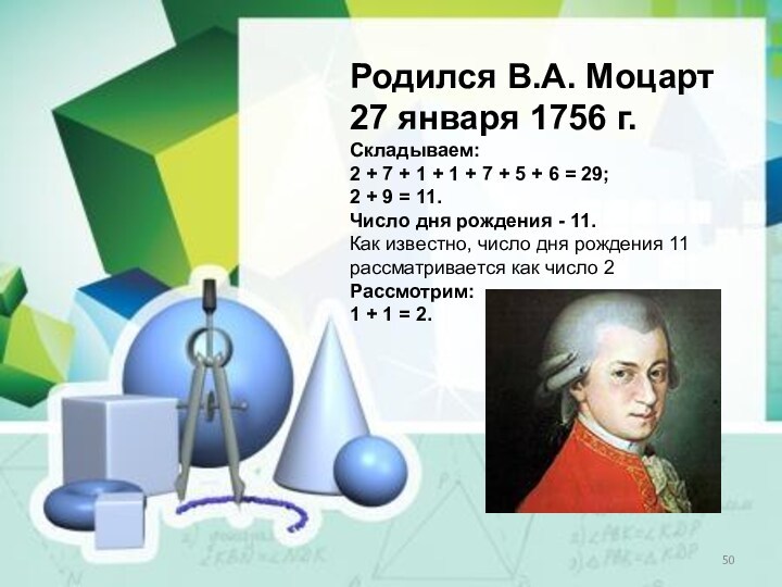 Родился В.А. Моцарт 27 января 1756 г.Складываем:2 + 7 + 1 + 1 + 7