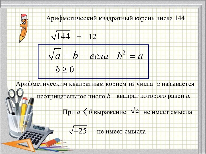 Арифметический квадратный корень числа 144  = 12 Арифметическим квадратным корнем из числа a называется