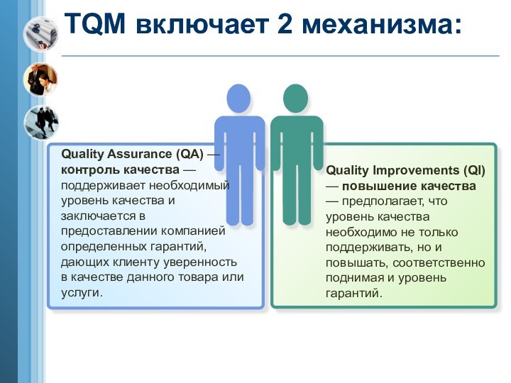 TQM включает 2 механизма:Quality Assurance (QA) — контроль качества — поддерживает необходимый уровень качества и