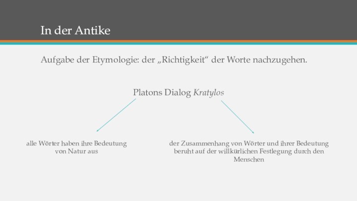In der Antike Aufgabe der Etymologie: der „Richtigkeit“ der Worte nachzugehen.  Platons Dialog Kratylos
