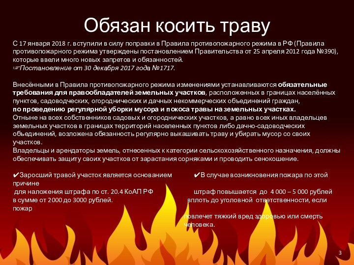 Обязан косить травуС 17 января 2018 г. вступили в силу поправки в Правила противопожарного режима