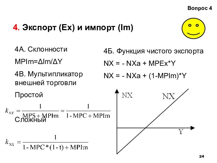 4. Экспорт (Ex) и импорт (Im) Вопрос 4   4А. Склонности MPIm=ΔIm/ΔY  4В.