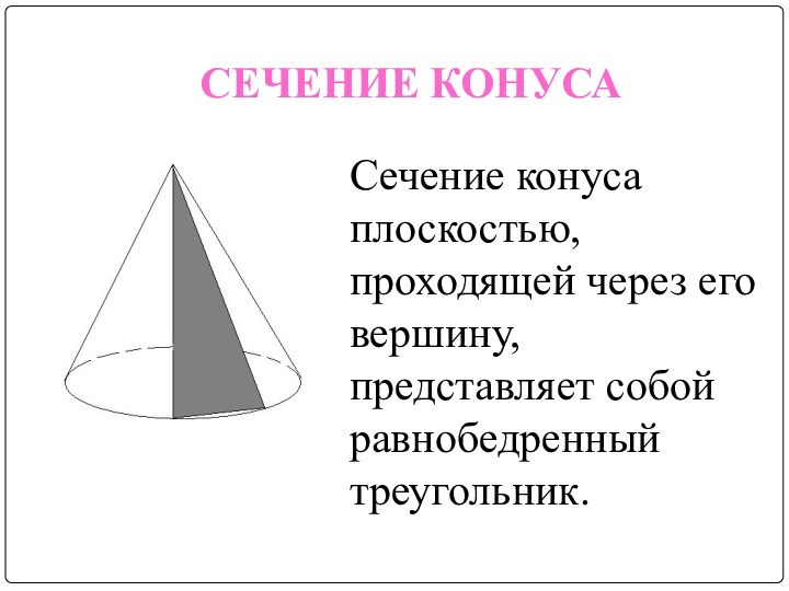 СЕЧЕНИЕ КОНУСАСечение конуса плоскостью, проходящей через его вершину, представляет собой равнобедренный треугольник.