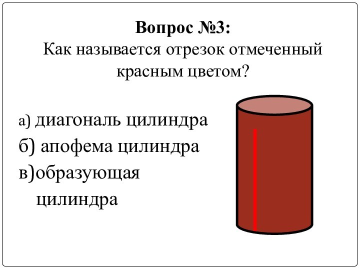 Вопрос №3: Как называется отрезок отмеченный красным цветом? а) диагональ цилиндра б) апофема цилиндра в)образующая