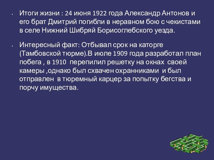 Итоги жизни : 24 июня 1922 года Александр Антонов и его брат Дмитрий погибли в