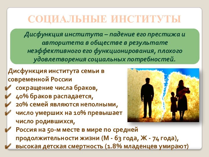 Дисфункция института семьи в современной Россиисокращение числа браков, 40% браков распадается, 20% семей являются неполными,число