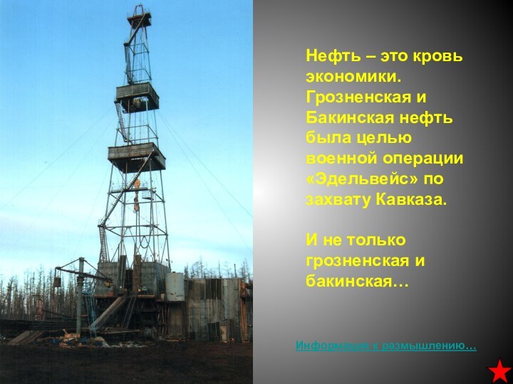 Нефть – это кровь экономики. Грозненская и Бакинская нефть была целью военной операции «Эдельвейс» по