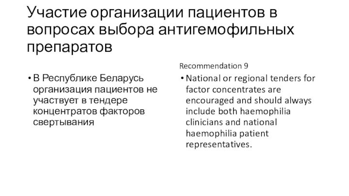 Участие организации пациентов в вопросах выбора антигемофильных препаратовВ Республике Беларусь организация пациентов не участвует в