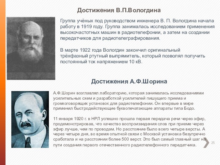 Достижения В.П.Вологдина Группа учёных под руководством инженера В. П. Вологдина начала работу в 1919 году. Группа занималась