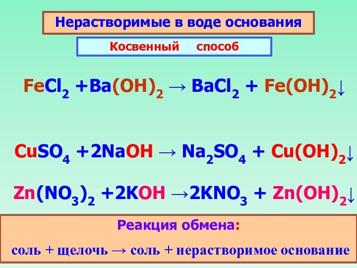 Нерастворимые в воде основания Косвенный   способ CuSO4 +2NaOH → Na2SO4 + Cu(OH)2↓