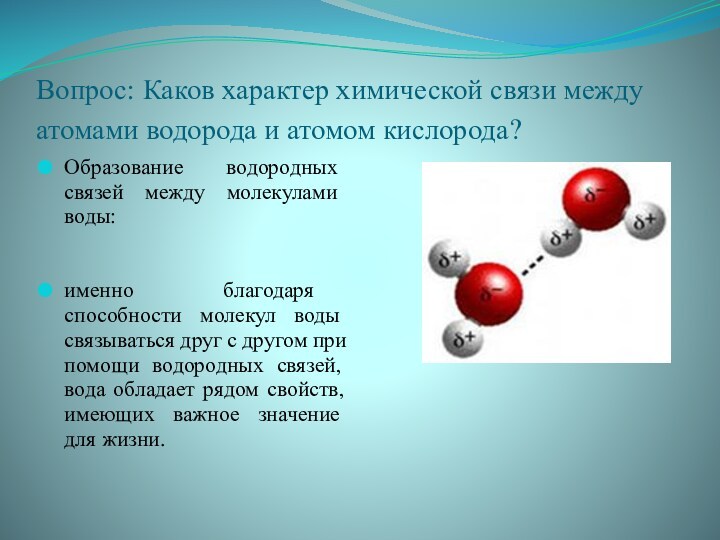 Вопрос: Каков характер химической связи между атомами водорода и атомом кислорода?  Образование водородных связей