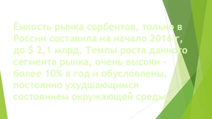 Ёмкость рынка сорбентов, только в России составила на начало 2016 г, до $ 2,1 млрд.