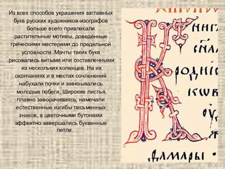 Из всех способов украшения заглавных  букв русских художников-изографов  больше всего привлекали  растительные