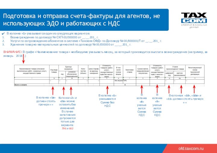 ofd.taxcom.ru Подготовка и отправка счета-фактуры для агентов, не использующих ЭДО и работающих