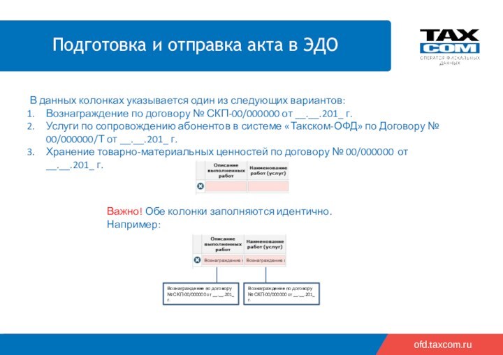 ofd.taxcom.ruВ данных колонках указывается один из следующих вариантов:Вознаграждение по договору № СКП-00/000000 от __.__.201_ г.Услуги