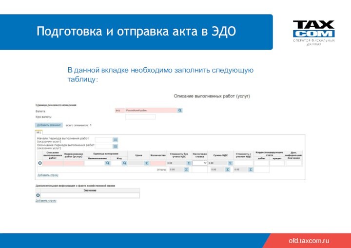 ofd.taxcom.ruВ данной вкладке необходимо заполнить следующую таблицу:Подготовка и отправка акта в ЭДО