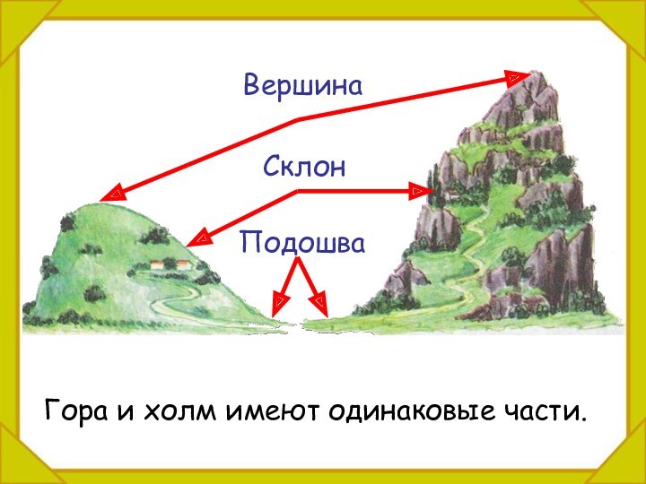 Гора и холм имеют одинаковые части.ПодошваСклонВершина